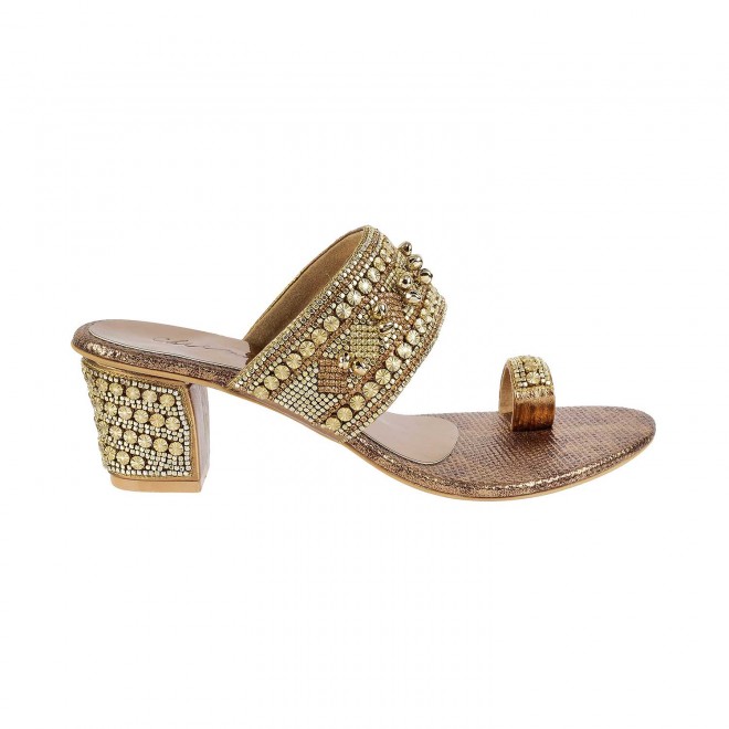 Cheemo Women Antique-Gold Ethnic Slip Ons (SKU: 92-14-28-37)