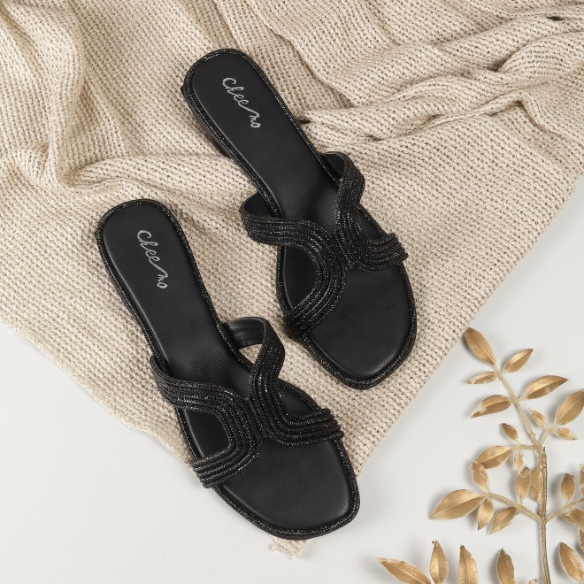 Cheemo Women Black Ethnic Slip Ons