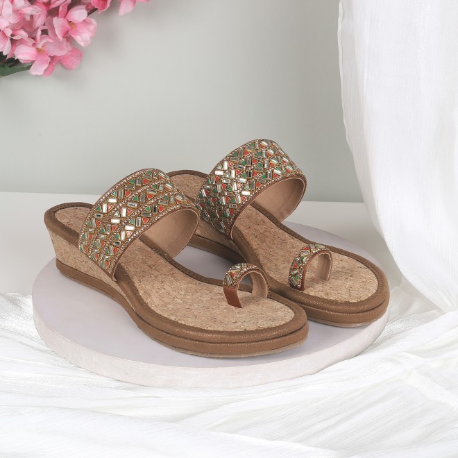 Cheemo Women Antic-gold Ethnic Slip Ons
