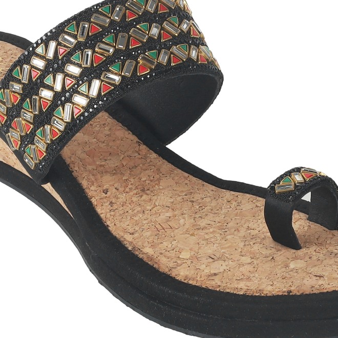 Cheemo Women Black Ethnic Slip Ons (SKU: 92-174-11-36)