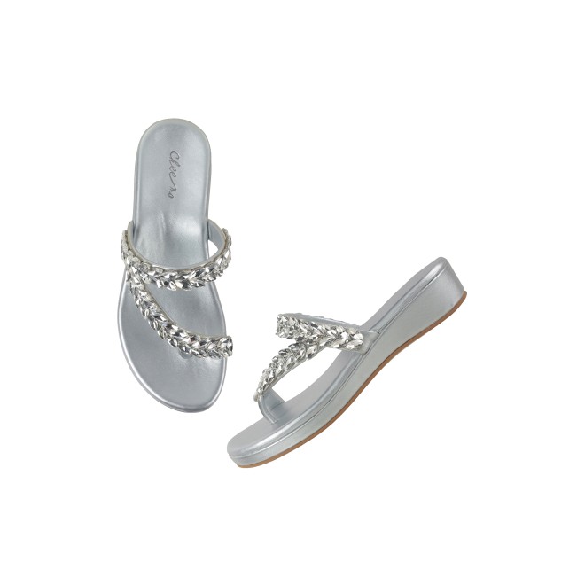 Cheemo Women Silver Ethnic Slip Ons (SKU: 92-182-27-36)