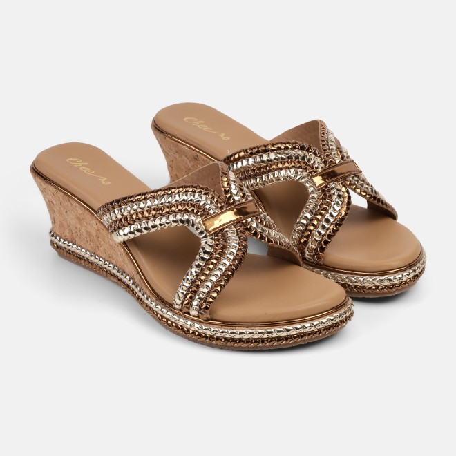 Cheemo Women Gold Ethnic Slip Ons (SKU: 92-255-15-39)