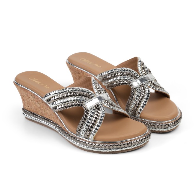Cheemo Women Silver Ethnic Slip Ons (SKU: 92-255-27-37)