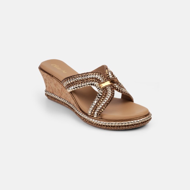 Cheemo Women Gold Ethnic Slip Ons (SKU: 92-255-15-39)