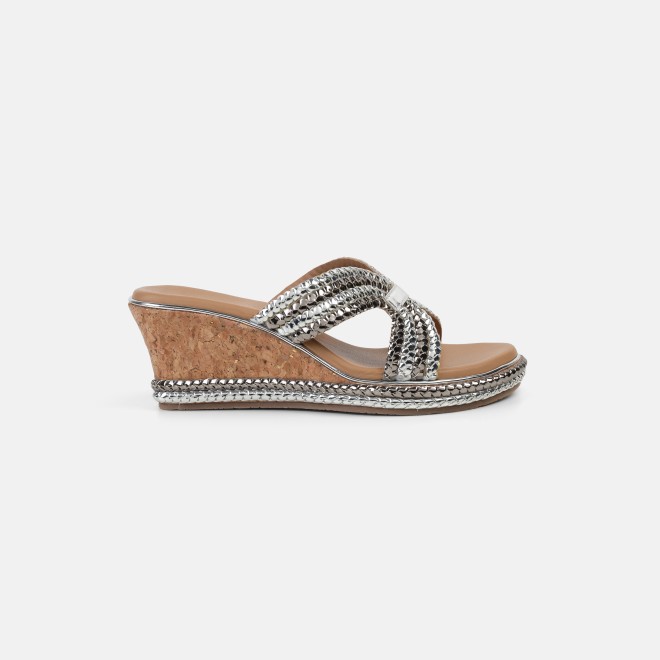 Cheemo Women Silver Ethnic Slip Ons (SKU: 92-255-27-37)
