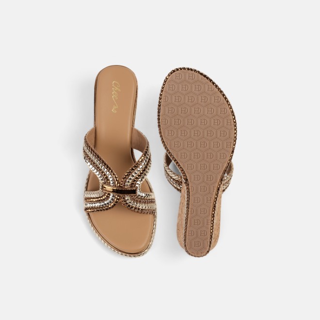 Cheemo Women Gold Ethnic Slip Ons (SKU: 92-255-15-39)