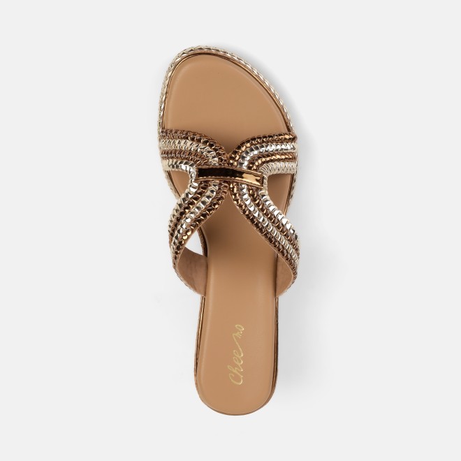 Cheemo Women Gold Ethnic Slip Ons (SKU: 92-255-15-39)