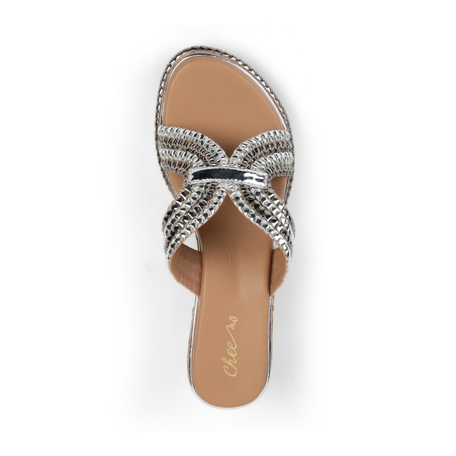 Cheemo Women Silver Ethnic Slip Ons (SKU: 92-255-27-37)