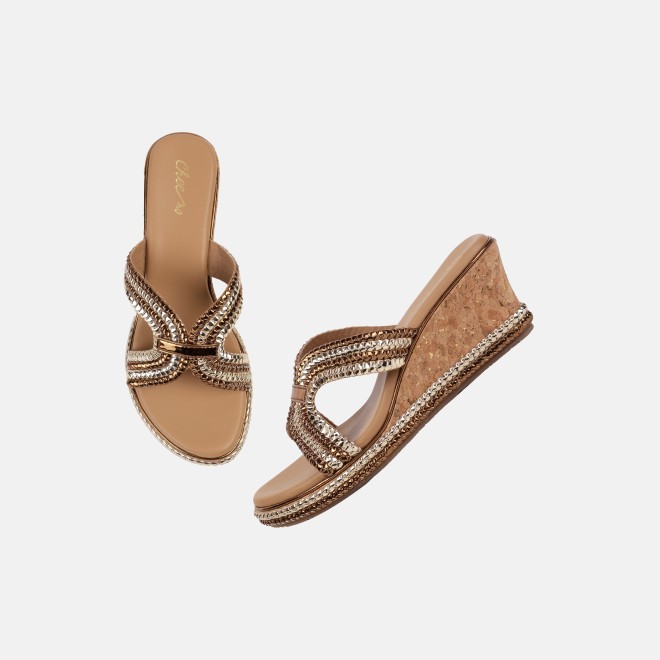 Cheemo Women Gold Ethnic Slip Ons (SKU: 92-255-15-39)