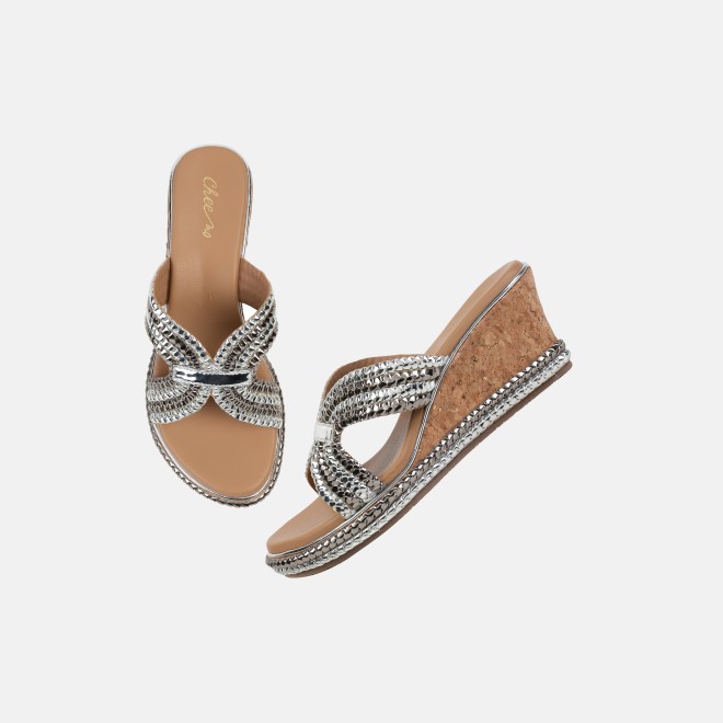 Cheemo Women Silver Ethnic Slip Ons (SKU: 92-255-27-37)