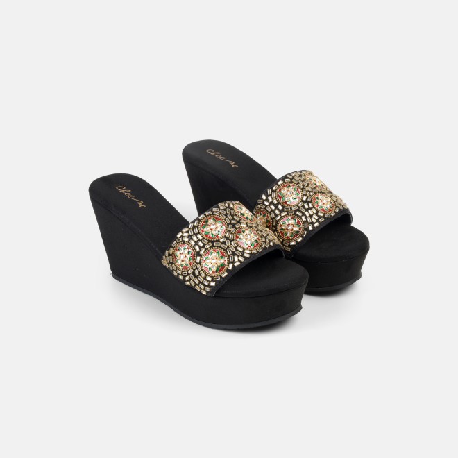 Cheemo Women Black Ethnic Slip Ons (SKU: 92-257-11-36)