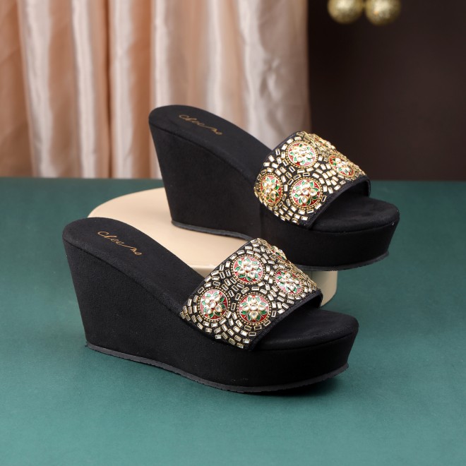 Women Black Ethnic Slip Ons