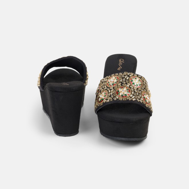 Cheemo Women Black Ethnic Slip Ons (SKU: 92-257-11-36)