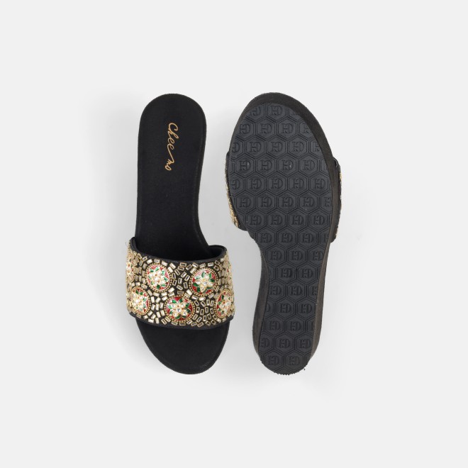 Cheemo Women Black Ethnic Slip Ons (SKU: 92-257-11-36)