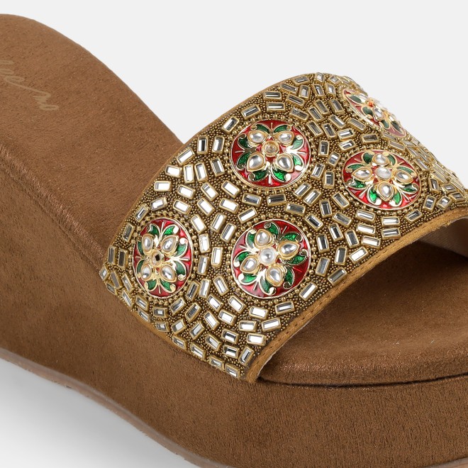 Cheemo Women Antic-gold Ethnic Slip Ons (SKU: 92-257-28-36)