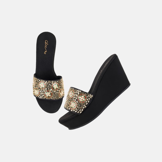 Cheemo Women Black Ethnic Slip Ons (SKU: 92-257-11-36)