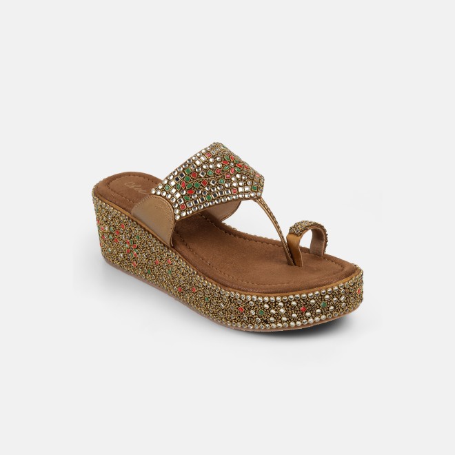 Cheemo Women Antic-gold Ethnic Slip Ons (SKU: 92-258-28-36)
