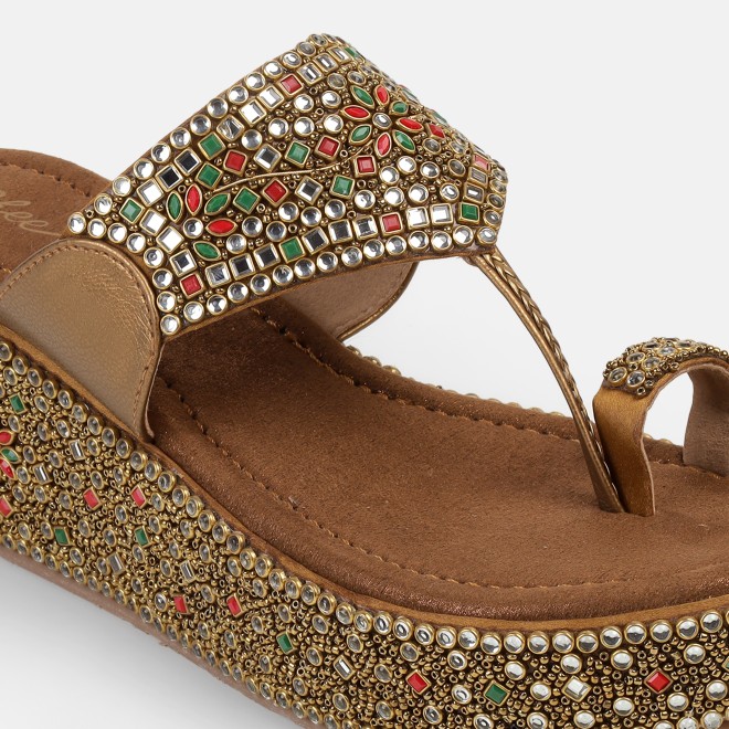 Cheemo Women Antic-gold Ethnic Slip Ons (SKU: 92-258-28-36)