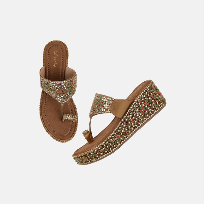 Cheemo Women Antic-gold Ethnic Slip Ons (SKU: 92-258-28-36)