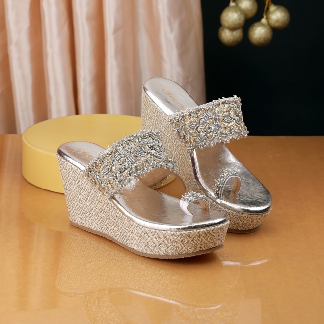 Cheemo Women Silver Ethnic Slip Ons (SKU: 92-264-27-38)