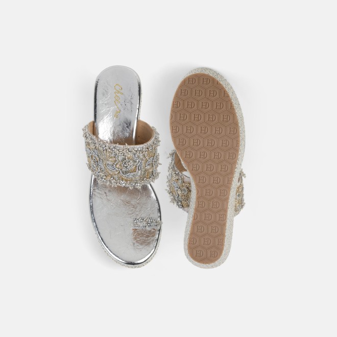 Cheemo Women Silver Ethnic Slip Ons (SKU: 92-264-27-38)