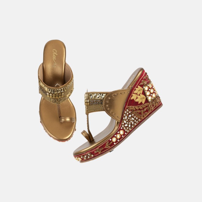 Cheemo Women Antic-gold Ethnic Slip Ons (SKU: 92-276-28-37)