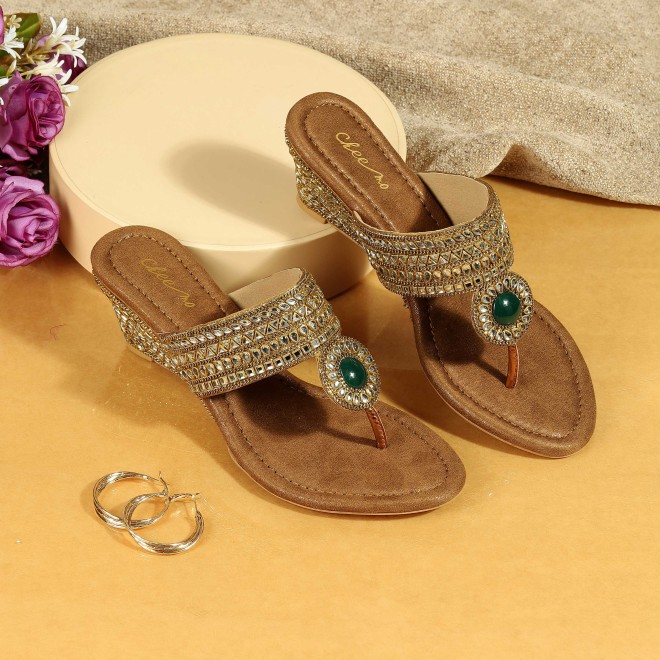Cheemo Women Antic-gold Ethnic Slip Ons (SKU: 92-282L-28-42)