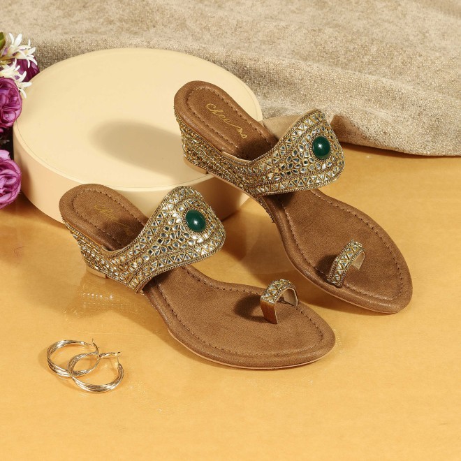 Cheemo Women Antic-gold Ethnic Slip Ons