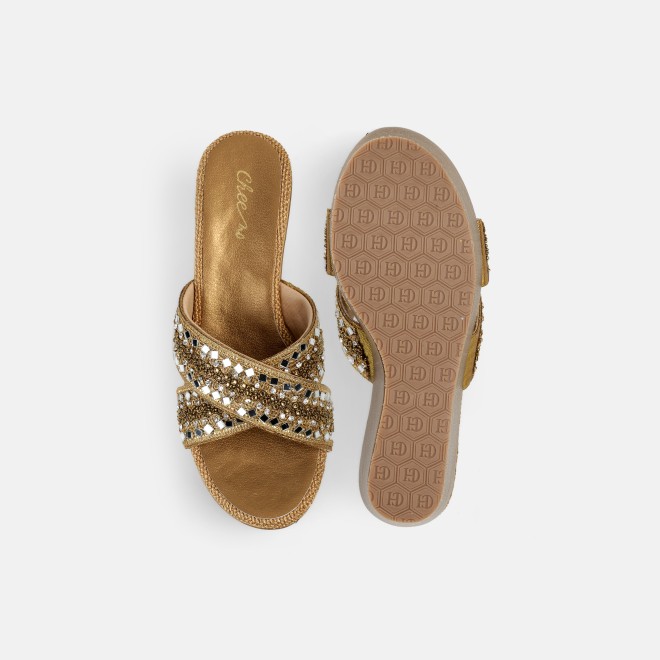 Cheemo Women Antic-gold Ethnic Slip Ons (SKU: 92-285-28-36)