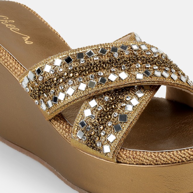 Cheemo Women Antic-gold Ethnic Slip Ons (SKU: 92-285-28-36)
