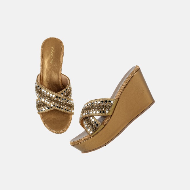Cheemo Women Antic-gold Ethnic Slip Ons (SKU: 92-285-28-36)