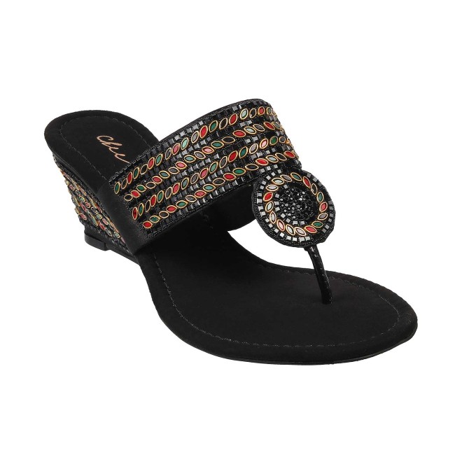 Cheemo Women Black Ethnic Slip Ons