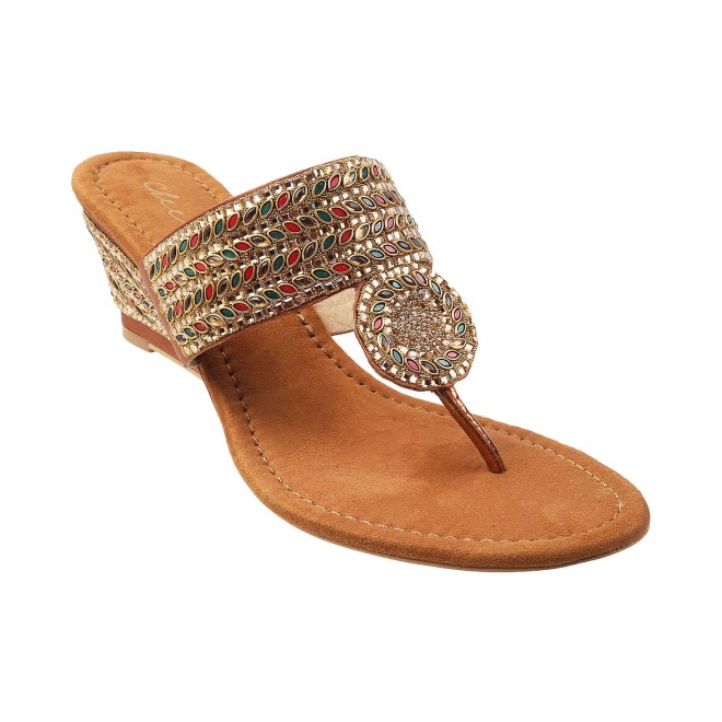 Cheemo Women Antique-Gold Ethnic Slip Ons